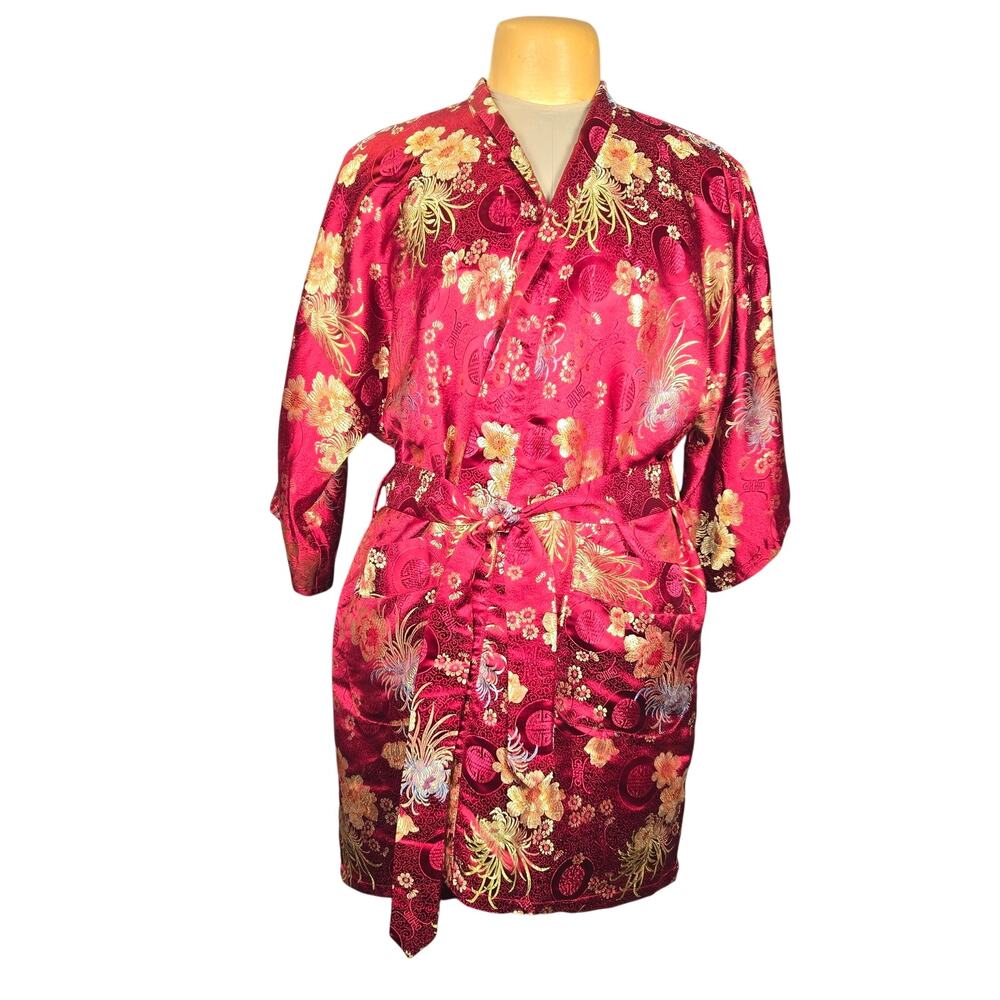 Solz Squirrel Womens Kimono Robe Asian Floral Embroidered Belted Red Lounge‎